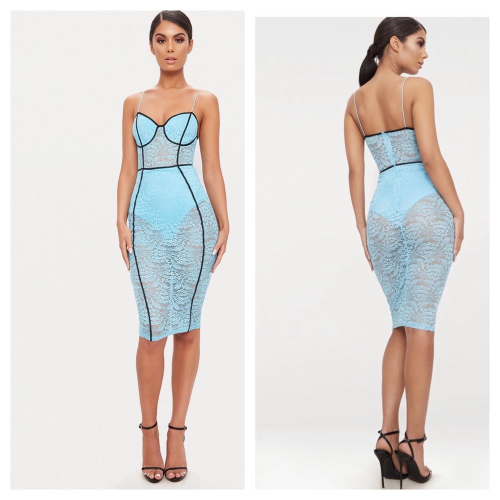 Blue Strappy Contrast Piping Lace Midi Dress